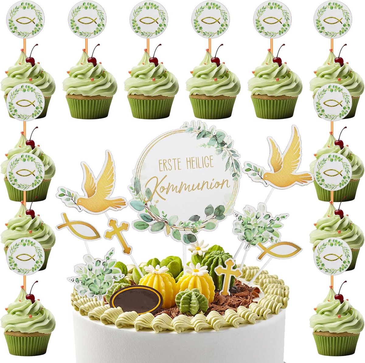 SnelShoppen - Pack van 21 Cake Toppers voor Doop, Communie, Taartdecoratie, Cupcake Toppers, Duif, Vis, Kruisen, Eucalyptus, Hoge Kwaliteit Papier, Fe