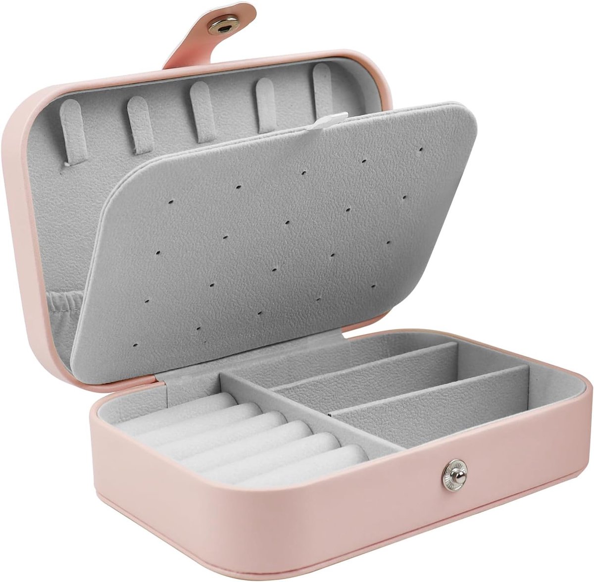 SnelShoppen - Elegante Sieradenbox Reistijl Compact Makkelijk te Dragen Sieraden Organizer voor Ringen Oorbellen Kettingen Broches Leer Roze