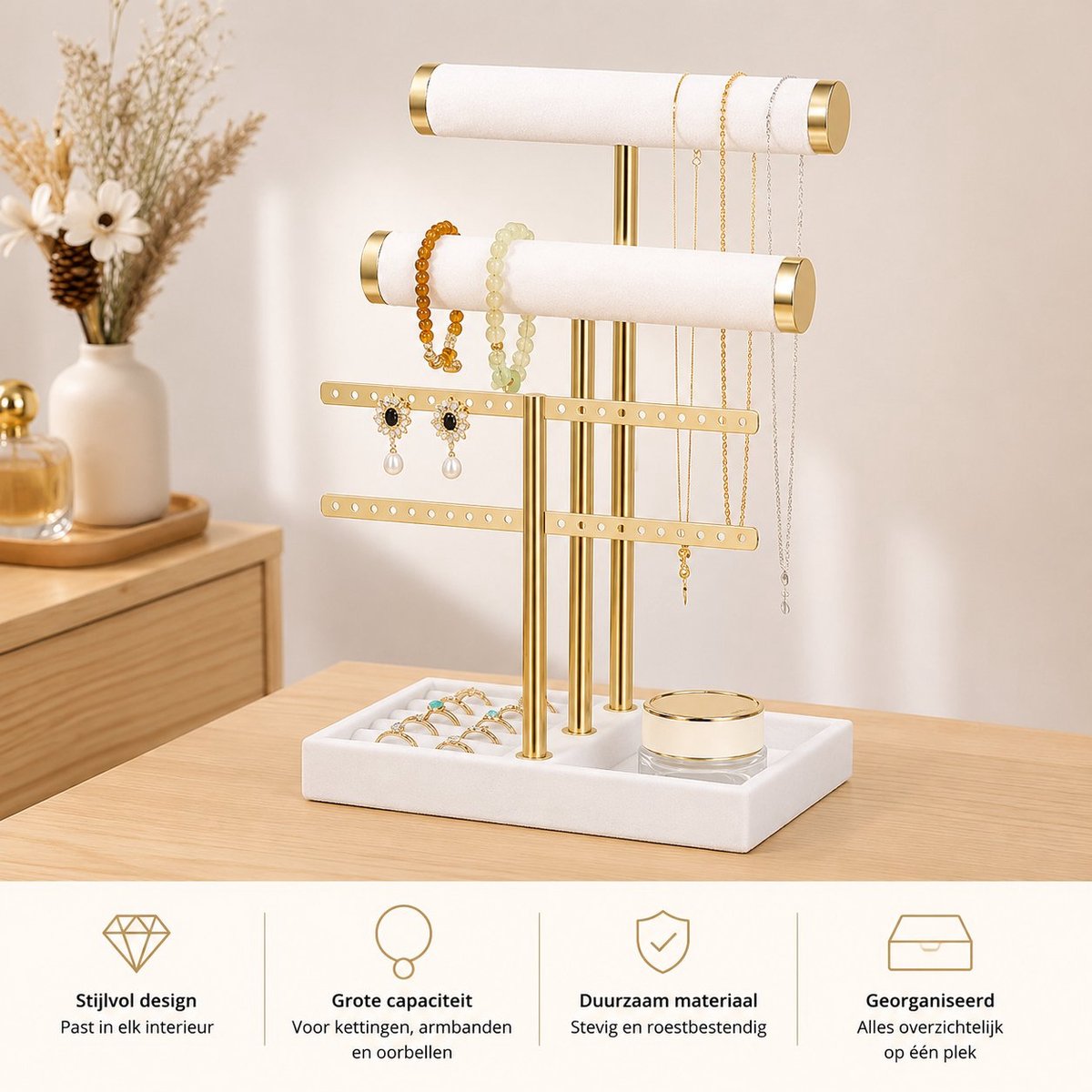 Arvion Sieradenorganizer met 3 Niveaus, Witte Fluweel Sieradenstandaard met Afneembare T-Brug, Armbanden, Halskettingen, Horloges en Ringen - Sieradenhouder