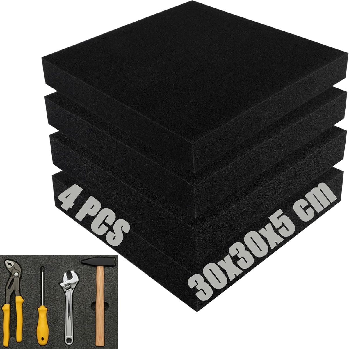 SnelShoppen - Grid Foam Cube 4 Stuks Opberg Foam Insert 300 x 300 x 50 mm Zwart Voor Gereedschap, Camera's, Miniaturen, Beschermend Schuim
