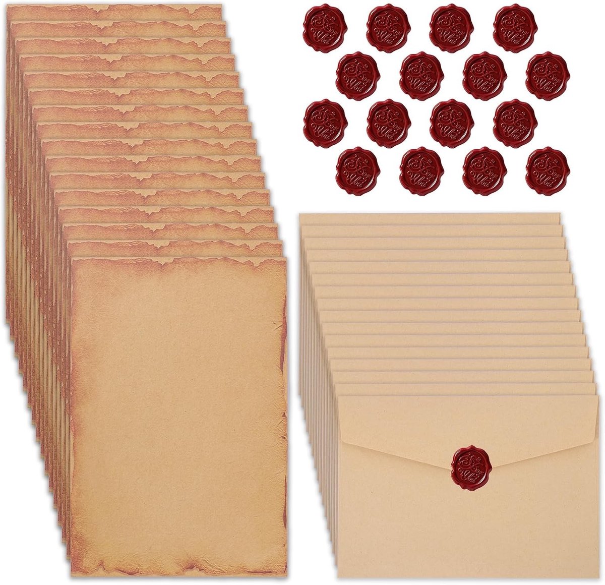 Vintage Briefpapier Set met Enveloppen en Waszegelstickers voor Bruiloft, Liefdesbrieven en Wenskaarten - 16 Stuks A5 Kraftpapier