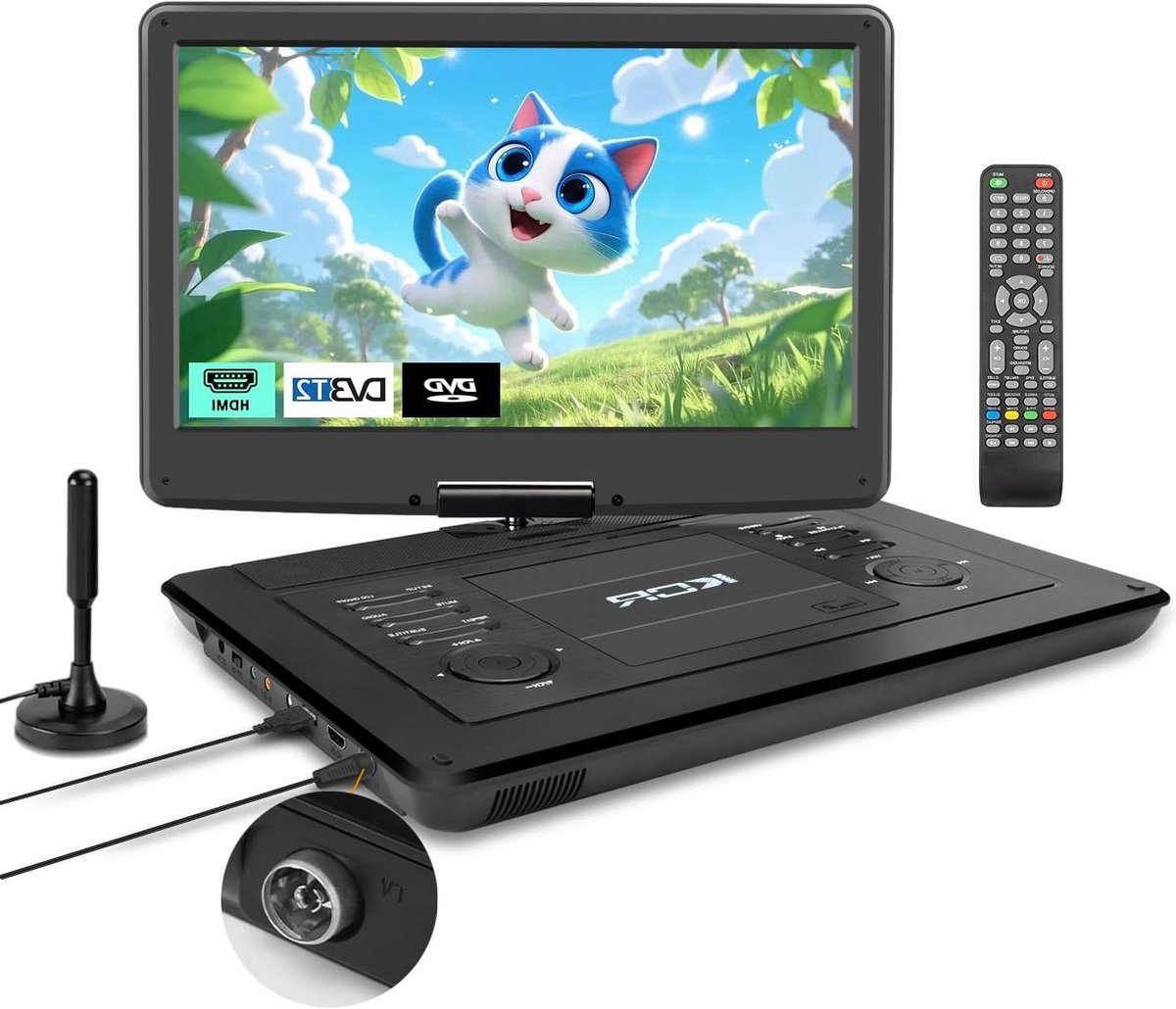 Draagbare dvd-speler - Mobiele mediaspeler - Films kijken - Ingebouwde tv-tuner - 156 inch scherm - Zwart
