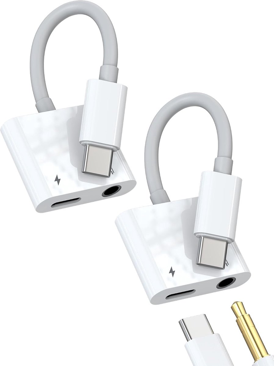 SnelShoppen - USB-C naar 3.5mm Jack Adapter Set van 2 voor iPhone 16/15 en Samsung S24 Ultra, Opladen en Muziek Luisteren, Compatibel met Hoofdtelefoo