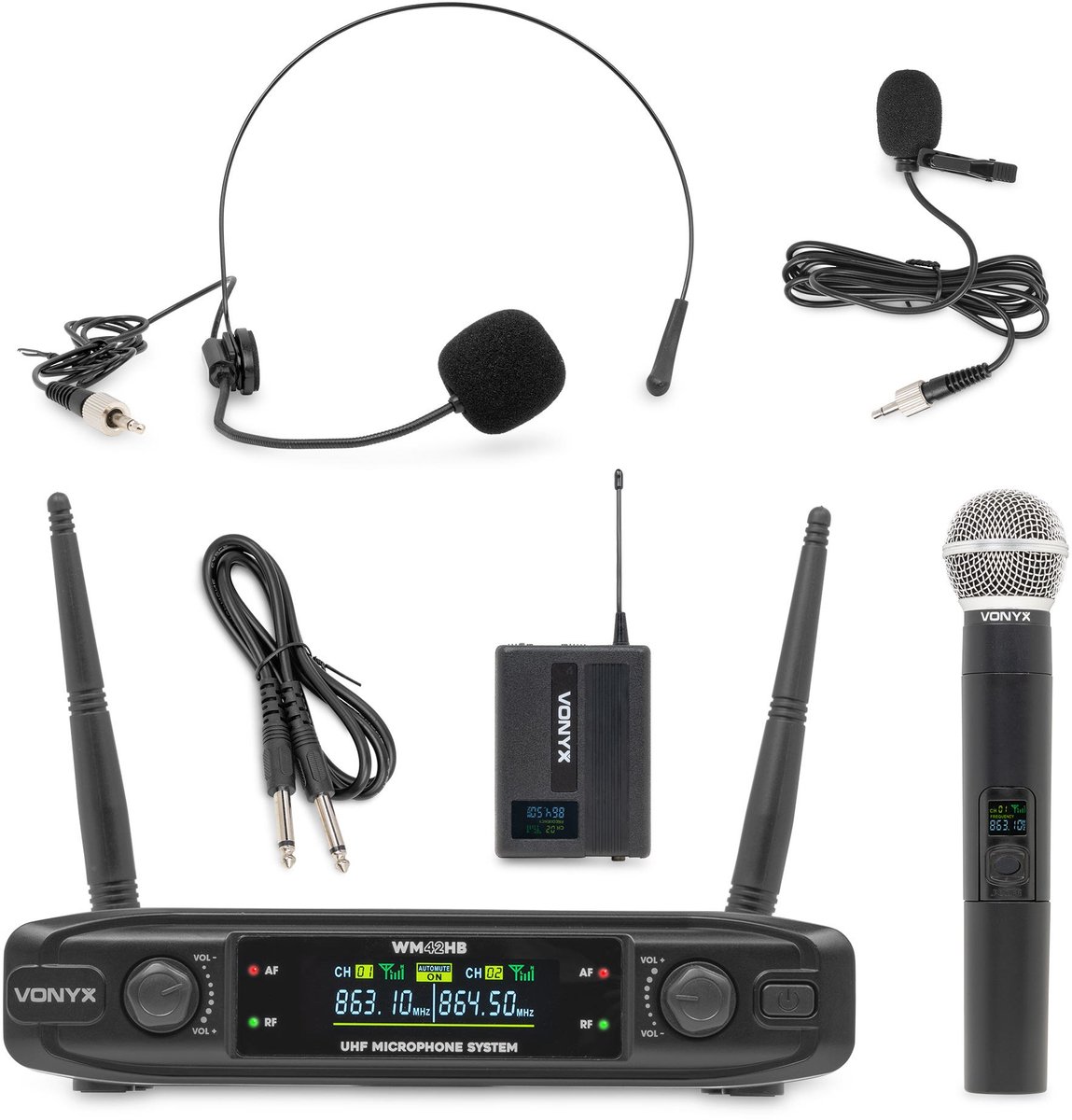 Draadloze microfoon set - Vonyx WM42HB - Complete set met handmicrofoon en bodypack - UHF