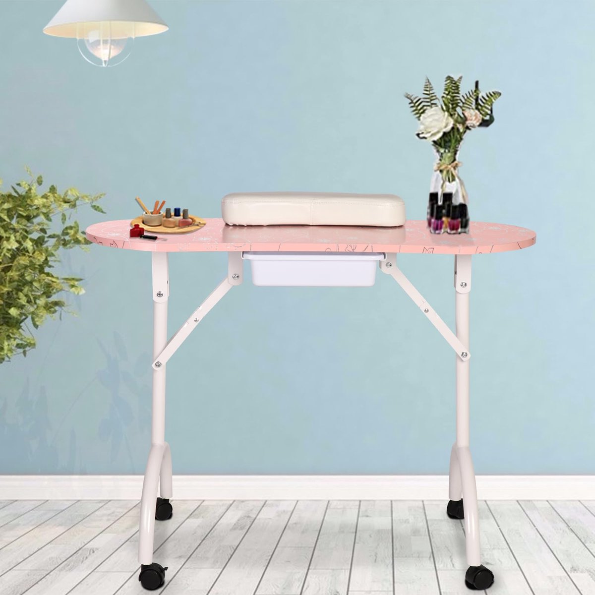 SnelShoppen - Professionele 36''L Draagbare en Opvouwbare Manicure Tafel voor Nageltechnicus Bureau Werkstation met Rollende Wielen, Lade, Spons en Gr