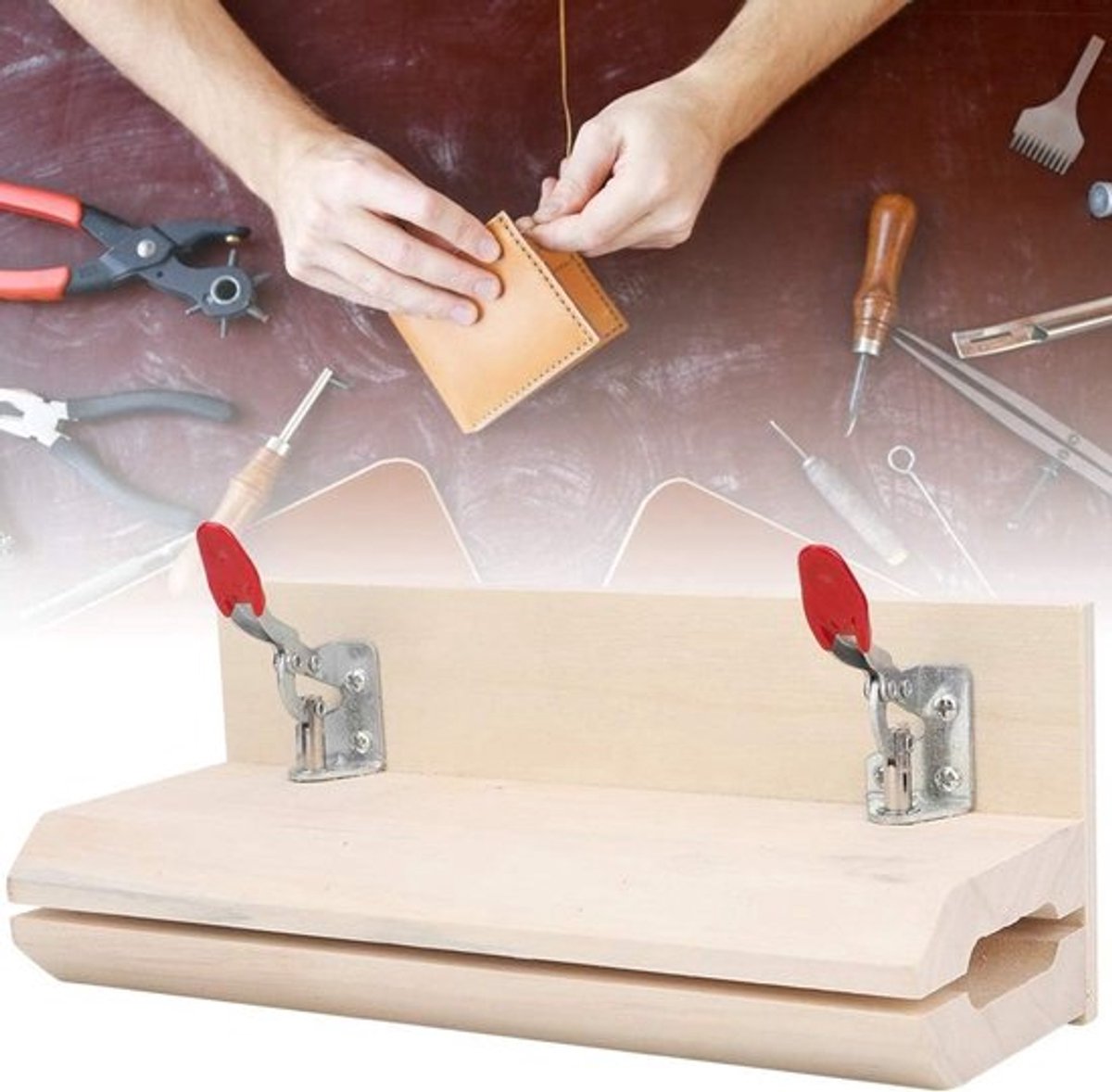 Houten Klem voor Leerbewerking, Handmatig Stikken, DIY Gereedschap voor Leer en Naaiprojecten, Verbeterde Stabiliteit en Gebruiksgemak