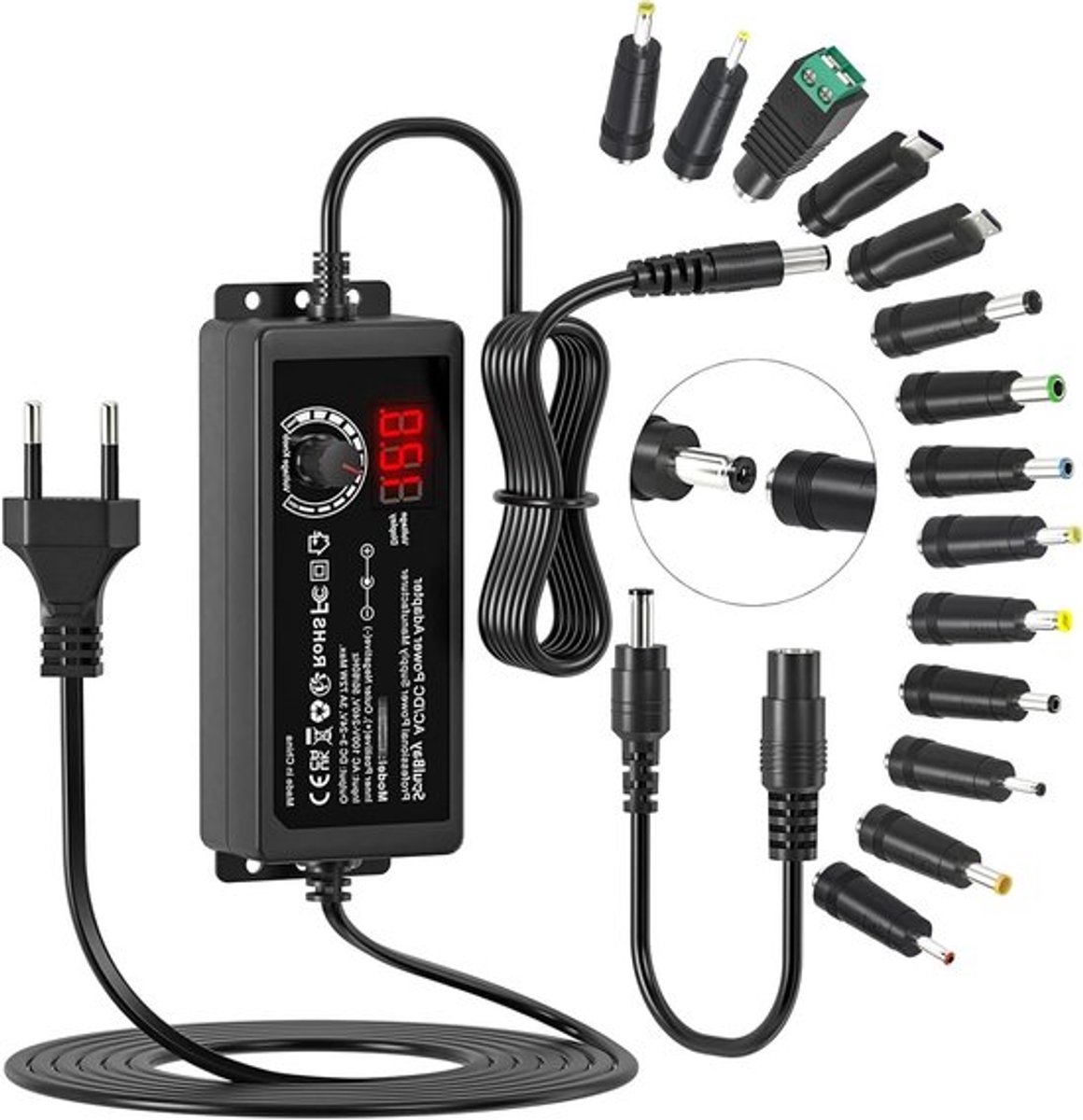 Universele 72 W AC/DC Adapter voor CCTV Camera's, LED Strips en Huishoudelijke Apparaten met 14 DC Tips en Omgekeerde Polariteit Kabel - 3000 mA Max.
