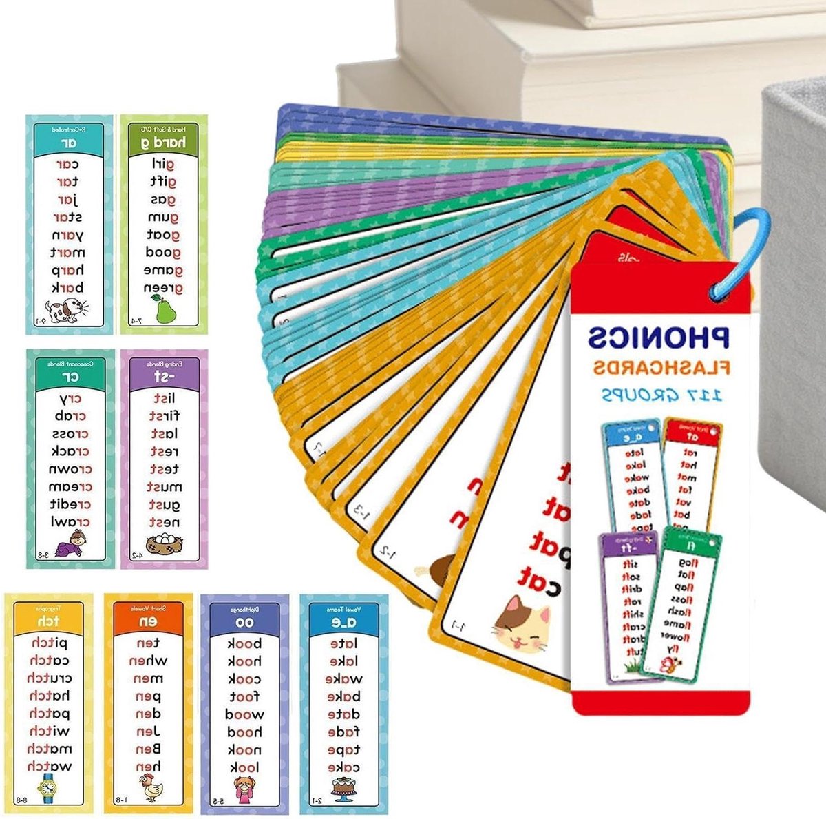 Leerkaarten Lezen - Fonetische Kaarten - Kinderen Leren Lezen - Dubbelzijdig Ontwerp - 60 Stuks - Multicolor