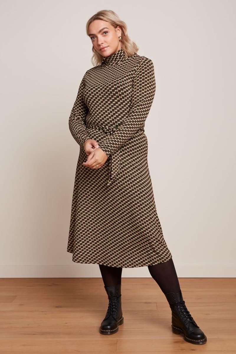 Damesjurk Rolkraag - Nauwsluitende Snit - Lange Mouwen - Knoopriem - Grafische Print - Zachte Jersey Lenzing EcoVero - Kleding
