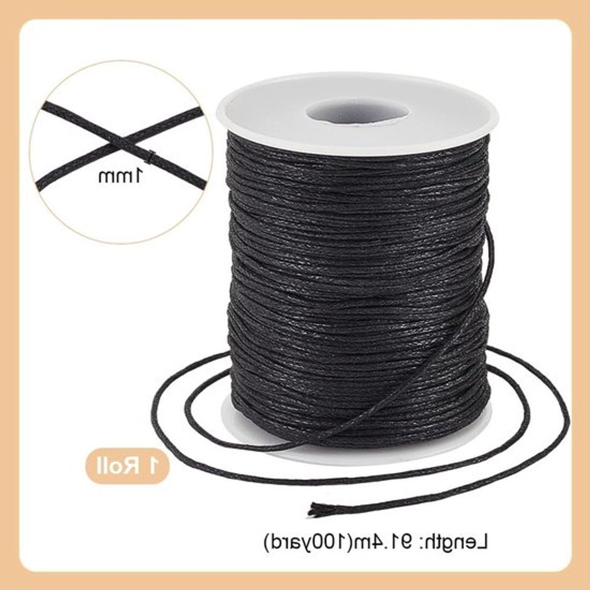 100 yard/rol 1 mm gewaxte katoenen draad, zwart - Perfect voor knutselen, DIY-projecten en sieraden maken