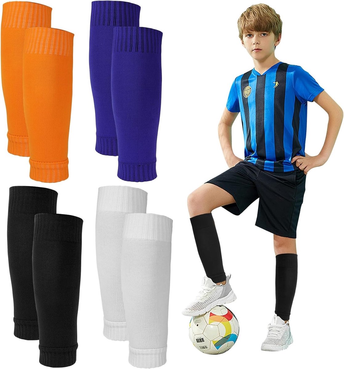 Ademende Scheenbeschermers Sokken - Zwart/Wit/Oranje/Blauw - Uniform - Duurzaam en Ergonomisch Ontwerp voor Sporters