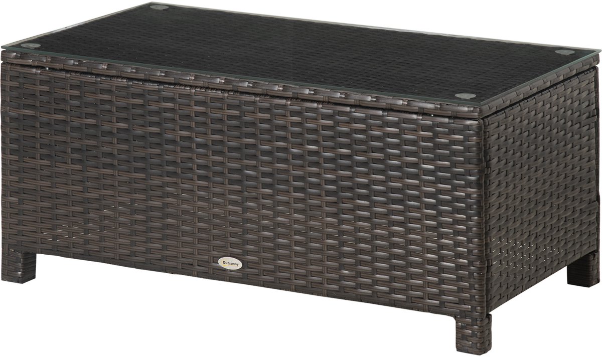 Salontafel, bijzettafel van PE-rotan met een tafelblad van gehard glas; rechthoekige rotan tuintafel, geschikt voor terrassen en balkons