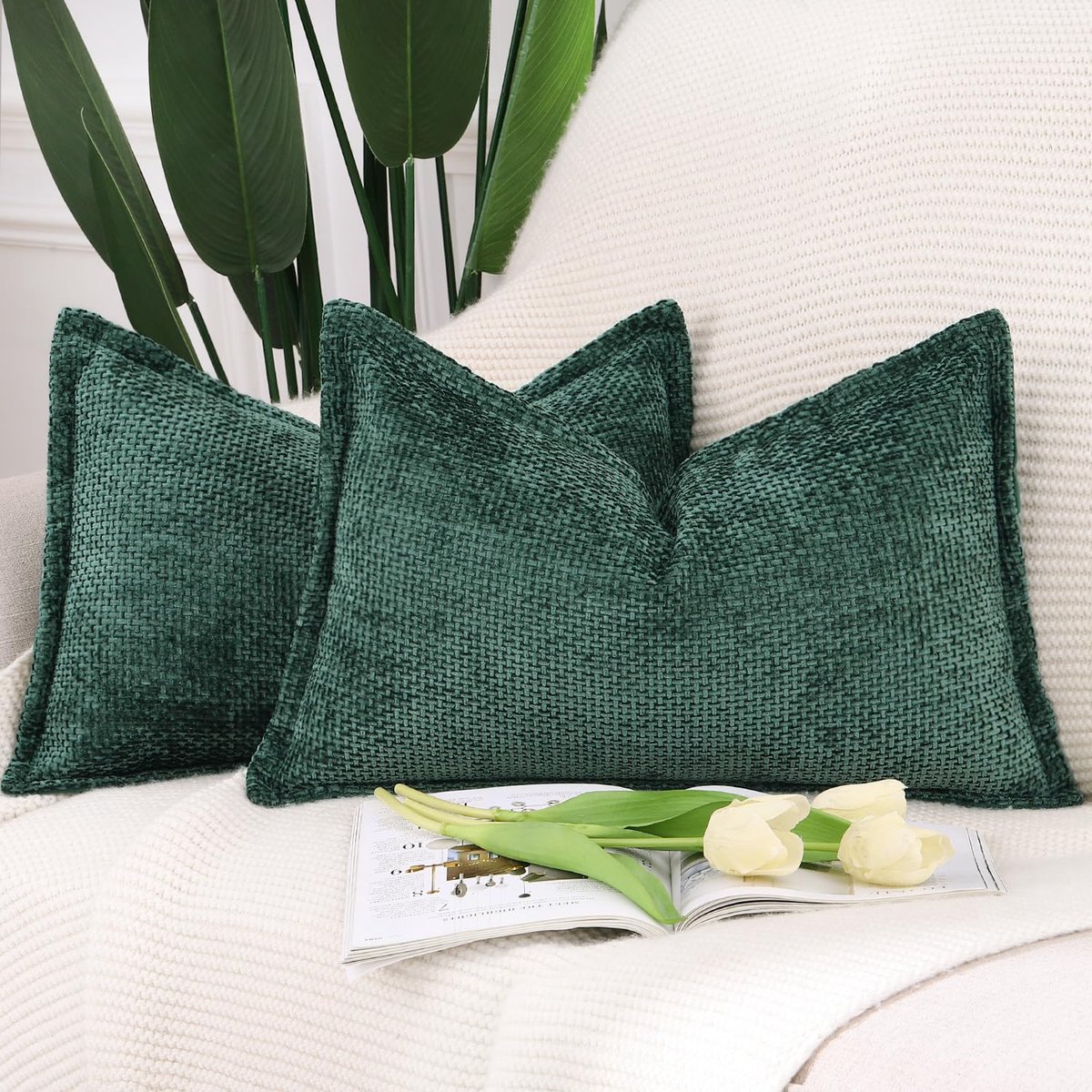 SnelShoppen - Set van 2 Zacht Korte Chenille Fluwelen Franje Kussenslopen 30x50 cm Donker Groen Decoratief voor Sofa en Slaapkamer