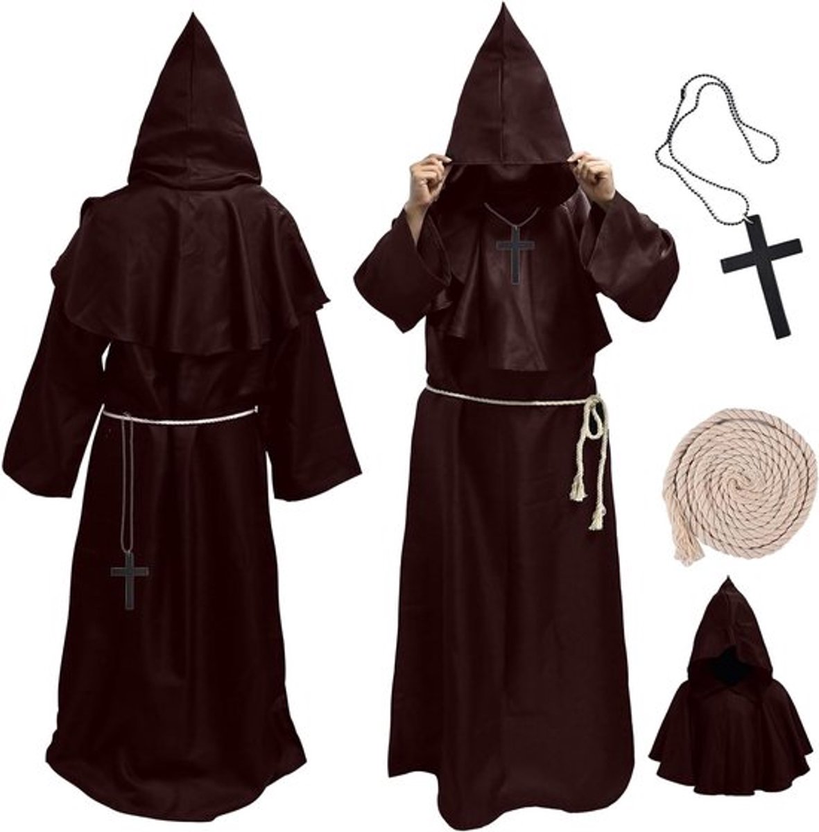 Halloween Kostuum voor Mannen - Monnik Outfit Set met Kap, Kruis en Monniks Hoed voor Feestjes en Rollenspel, Perfect voor Carnaval en Themafeesten