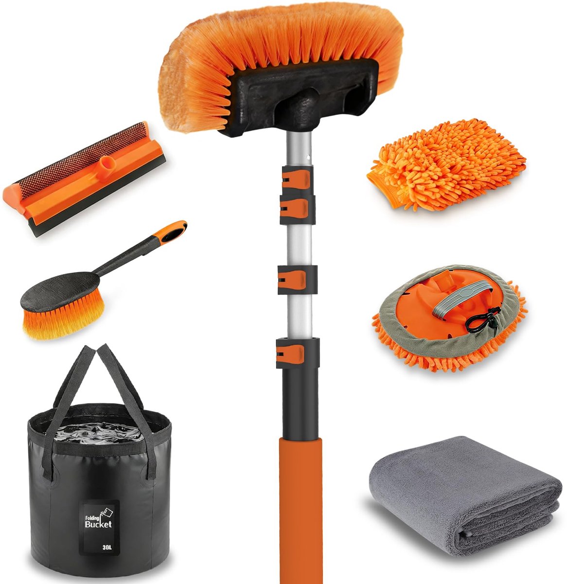 SnelShoppen - Auto-reinigingsborstel met telescoopstang 6 m, zachte borstel, microvezelmop, raamtrekker, handschoen, velgenborstel voor camper, vracht