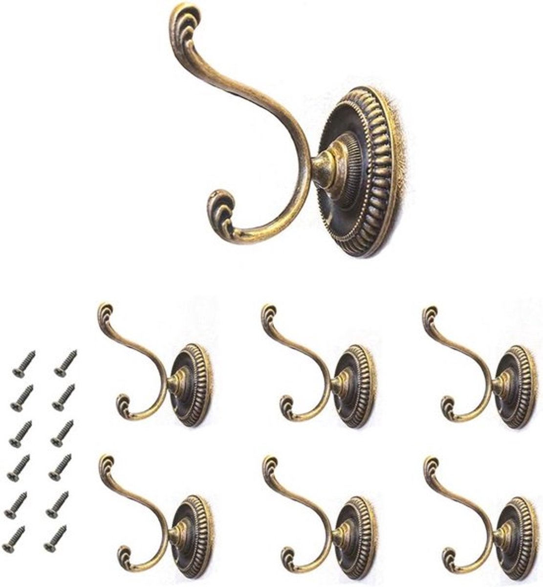 Vintage Wandhaak Set van 6 - Antieke Muurhaken van Koperlegering voor Badkamer en Keuken, Ideaal voor Hoeden en Jassen