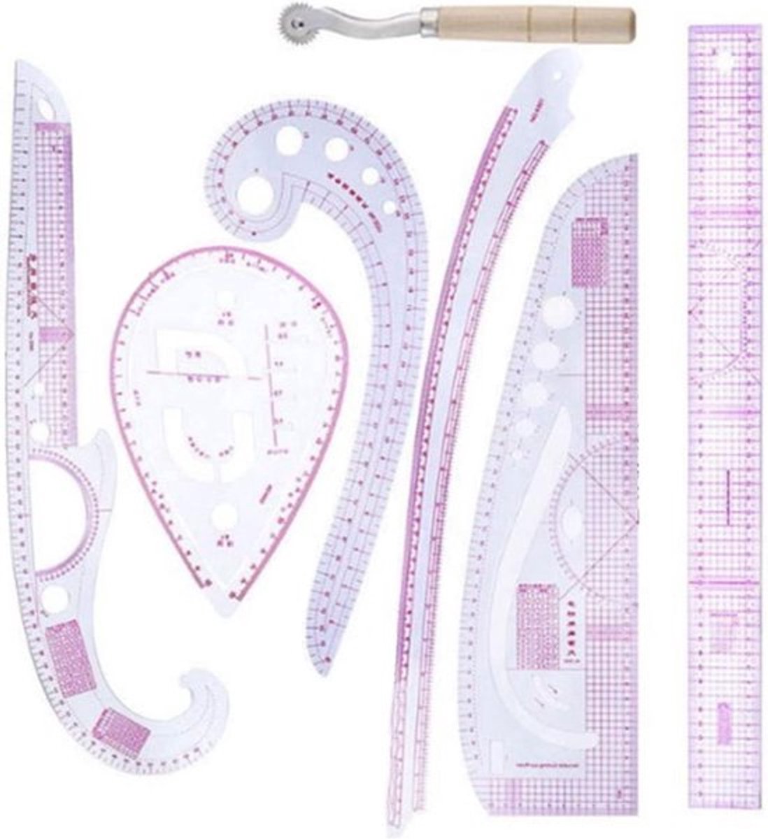 Complete Set van 7 Naairegels - Curved, Metric en Patroon Tools voor DIY Kledingmaken en Naaiprojecten