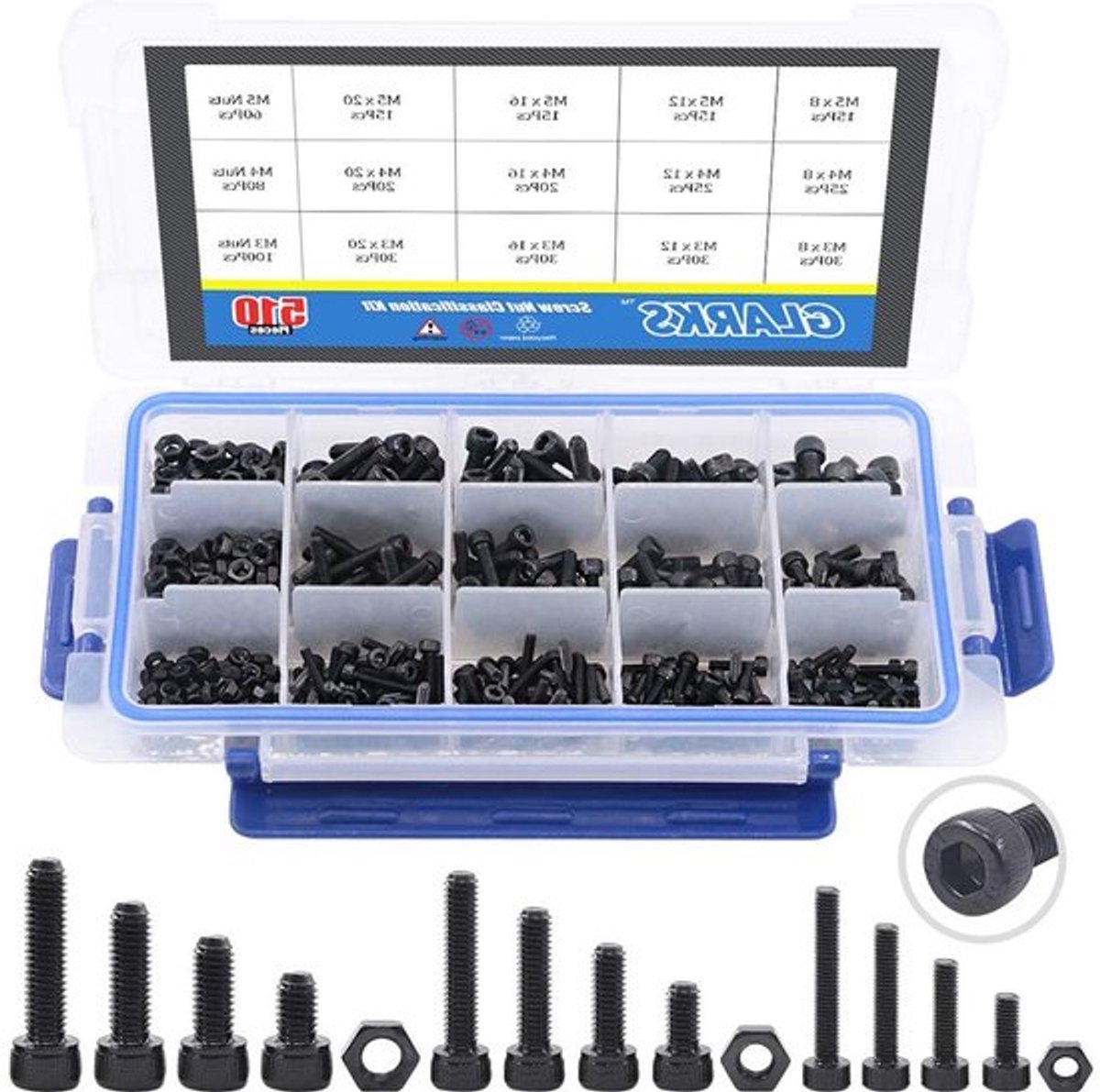 510 Stuks M3 M4 M5 12.9 Grade Legering Stalen Socket Cap Bouten en Moeren Assortiment Kit met Zwarte Oxide Afwerking