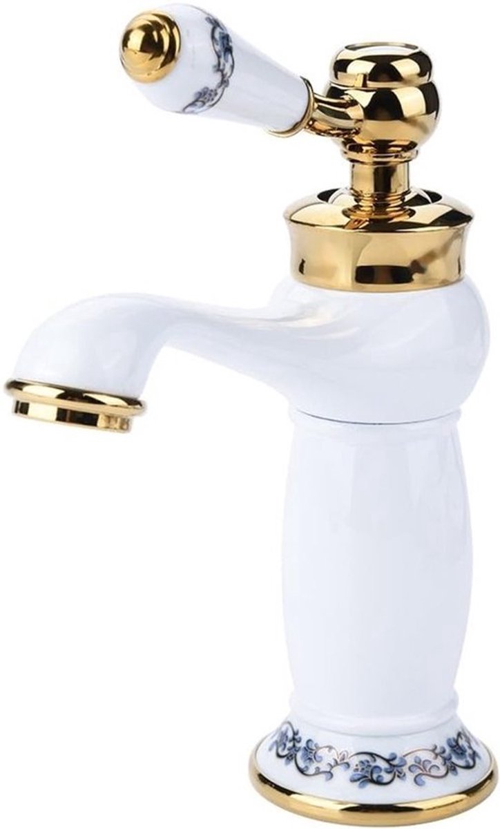 Elegante keramische wastafelkraan in antiek messing met blauw-witte porselein afwerking, lange nek, geschikt voor koud en warm water, ideaal voor badkamer en keuken