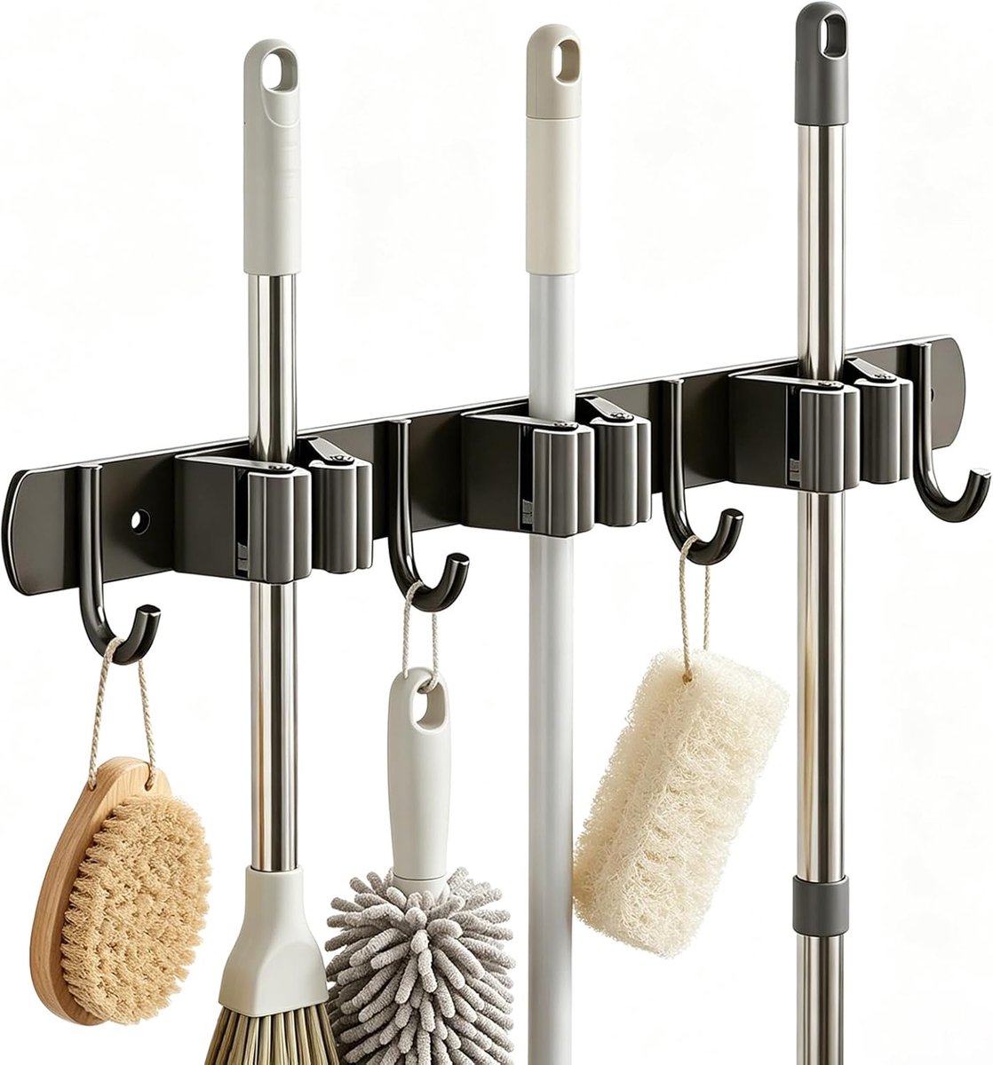 Bezemhouder met haken - RVS - 3 bezemsteunen met 4 haken - Ideaal voor schoonmaakgereedschap - ShopVlot