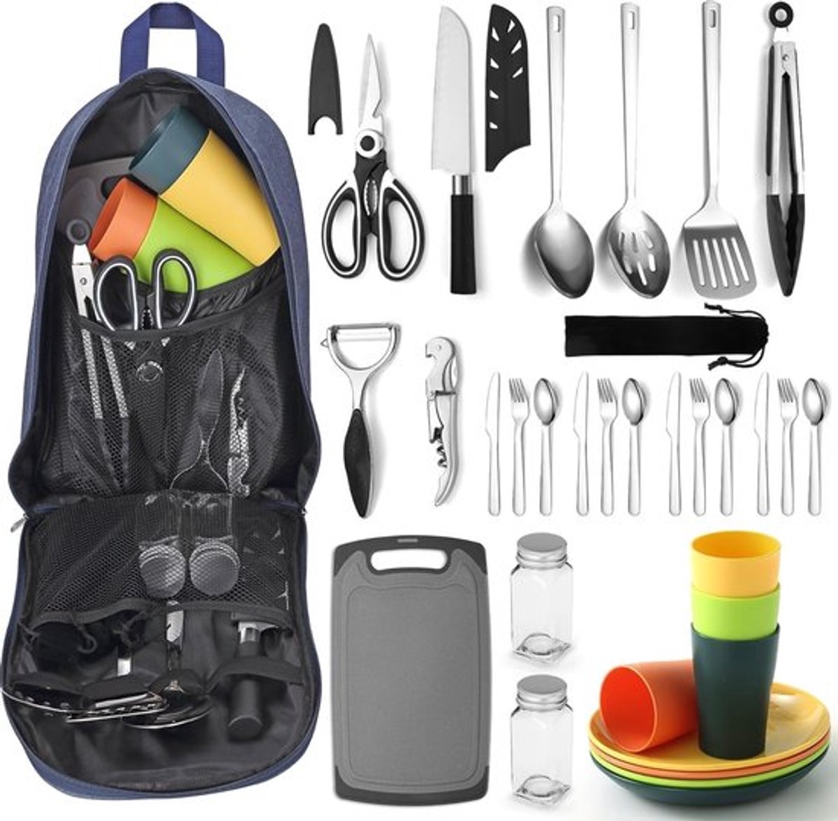 Camping Kookset en Accessoires, Essentiële Must-Haves voor Kamperen, Inclusief Bestek, Borden en Bekers, Perfect voor Avontuurlijke Reizen