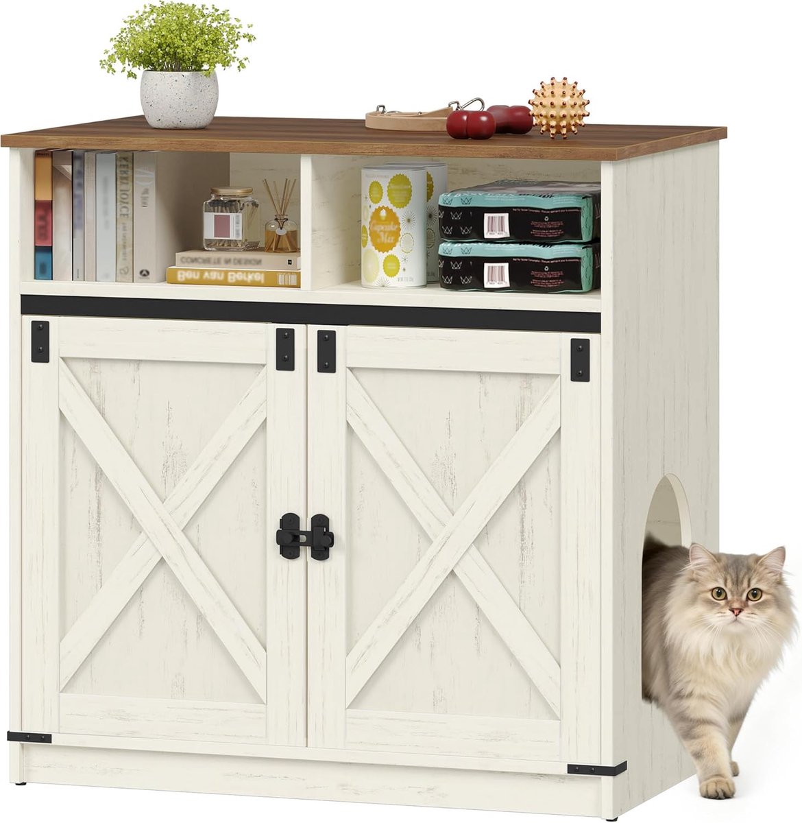 Hzuaneri Kattenbakmeubel, 80 cm, Verborgen Kattenkast, Bruin en Wit, met Opbergruimte, Houten Kattenkast, Kattenhuis in Landelijke Stijl, Tv-meubel/Bijzettafel