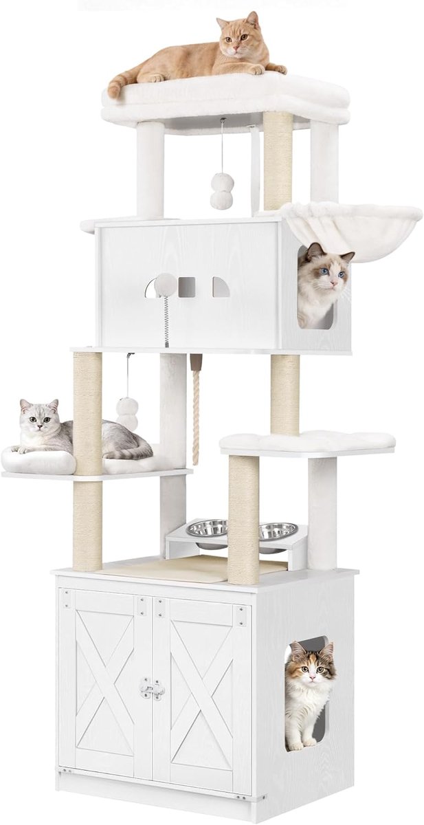 Hzuaneri Krabpaal,met kattenbak kast, 173 cm,met groot platform,wit