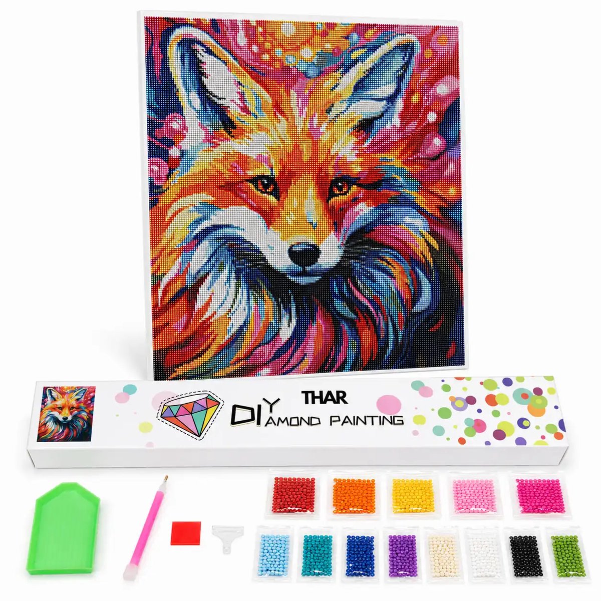 THAR Diamond Painting Kleurrijke Vos - 40x50 cm - Ronde Steentjes