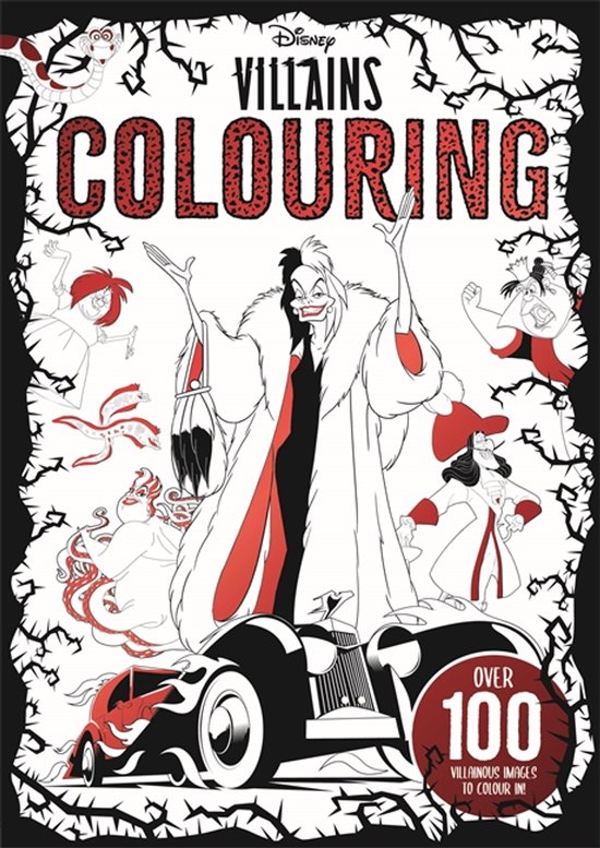 Disney Villains Kleurboek met Cruella de Vil op de voorkant, omringd door andere schurken en een rode auto. Bevat meer dan 100 kleurplaten.