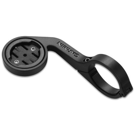Zwarte Garmin fietscomputersteun met een 2-delige klem voor stuurbevestiging.