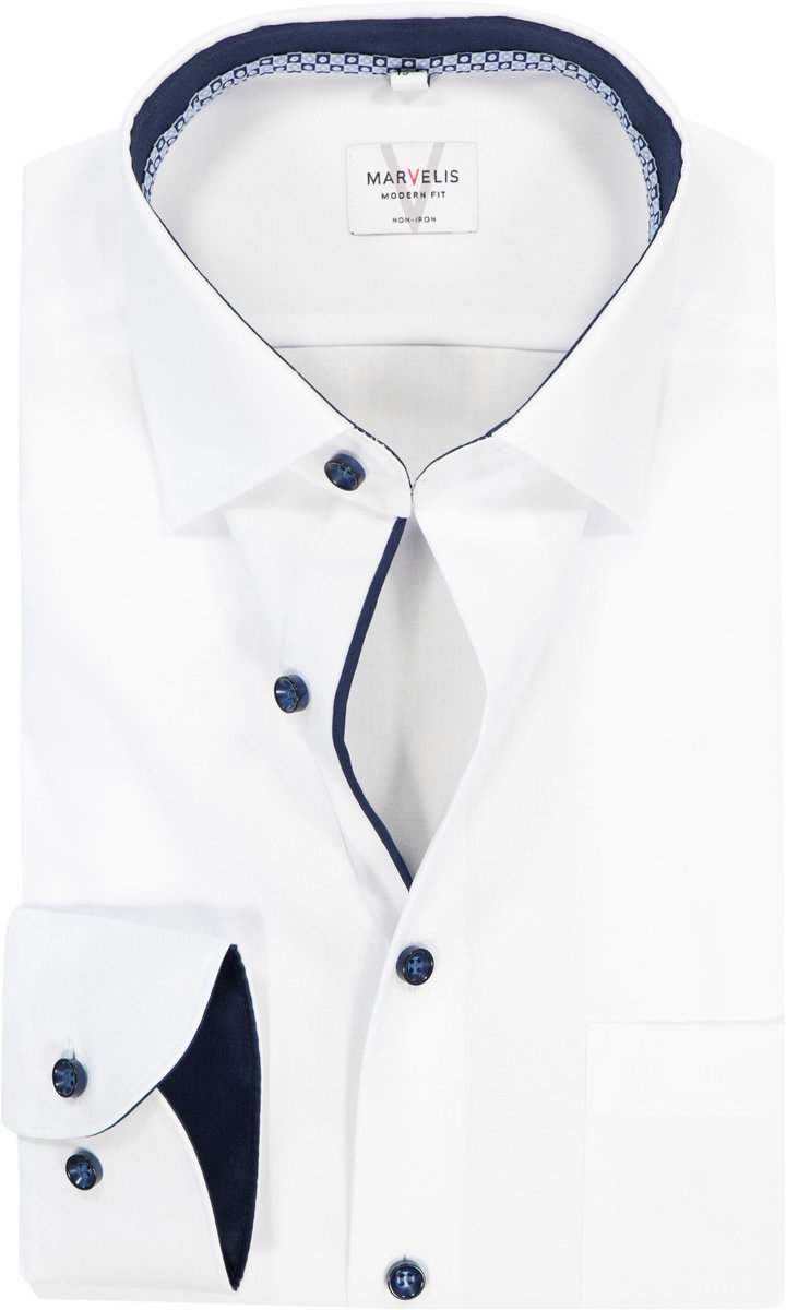 MARVELIS modern fit overhemd - mouwlengte 7 - popeline - wit met blauw contrast en knopen - Strijkvrij - Boordmaat: 43 (EU maat: XL)