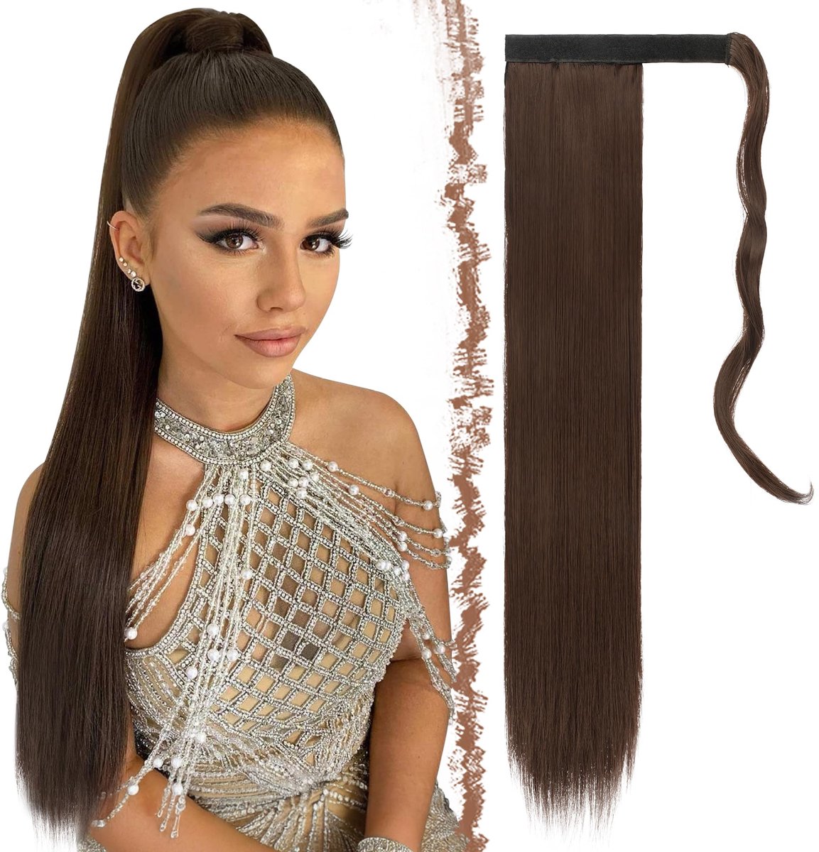 FESHFEN Rechte Lange Paardenstaart Extensions - Medium Bruin Clip in Ponytail Hair Extension Synthetisch Haarstukje - ShopVlot