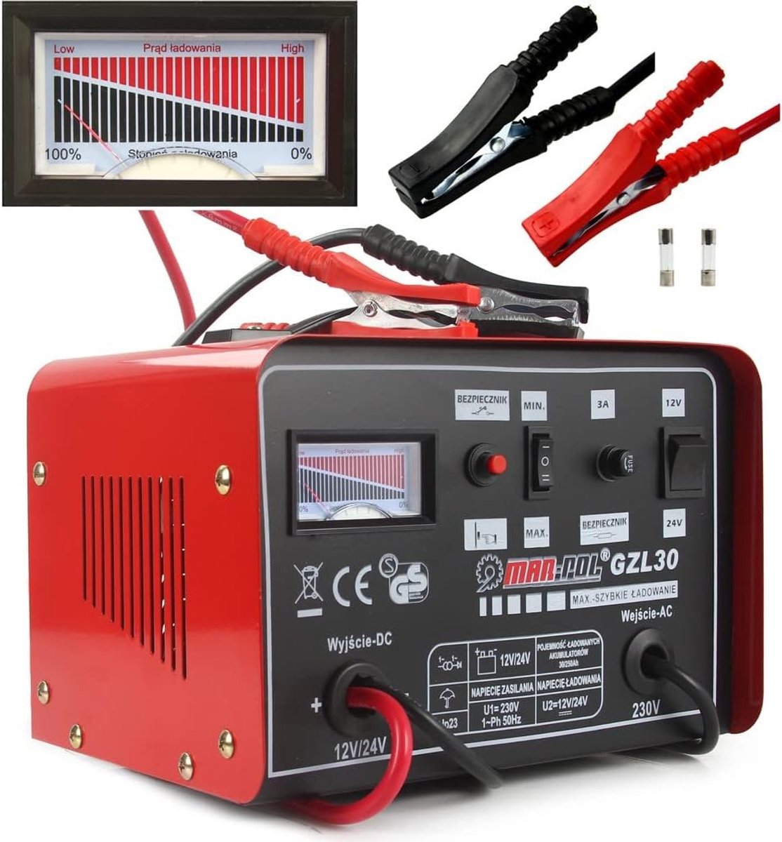 Oplader voor Auto/Motorfiets - Rood - Draagbare Snellaadfunctie voor Loodaccu's 12-24 V - Voor 30-180 Ah