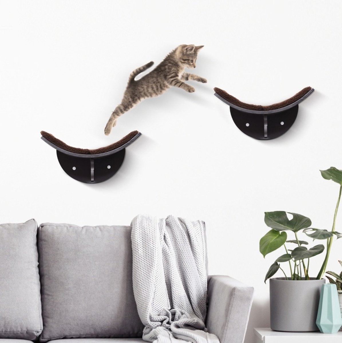 REDOM - Katten wandliege - Wandmontage - Gebogen ligvlak - Fleece bekleding - MDF - Voor katten - Bruin - 41 x 28 x 21 cm