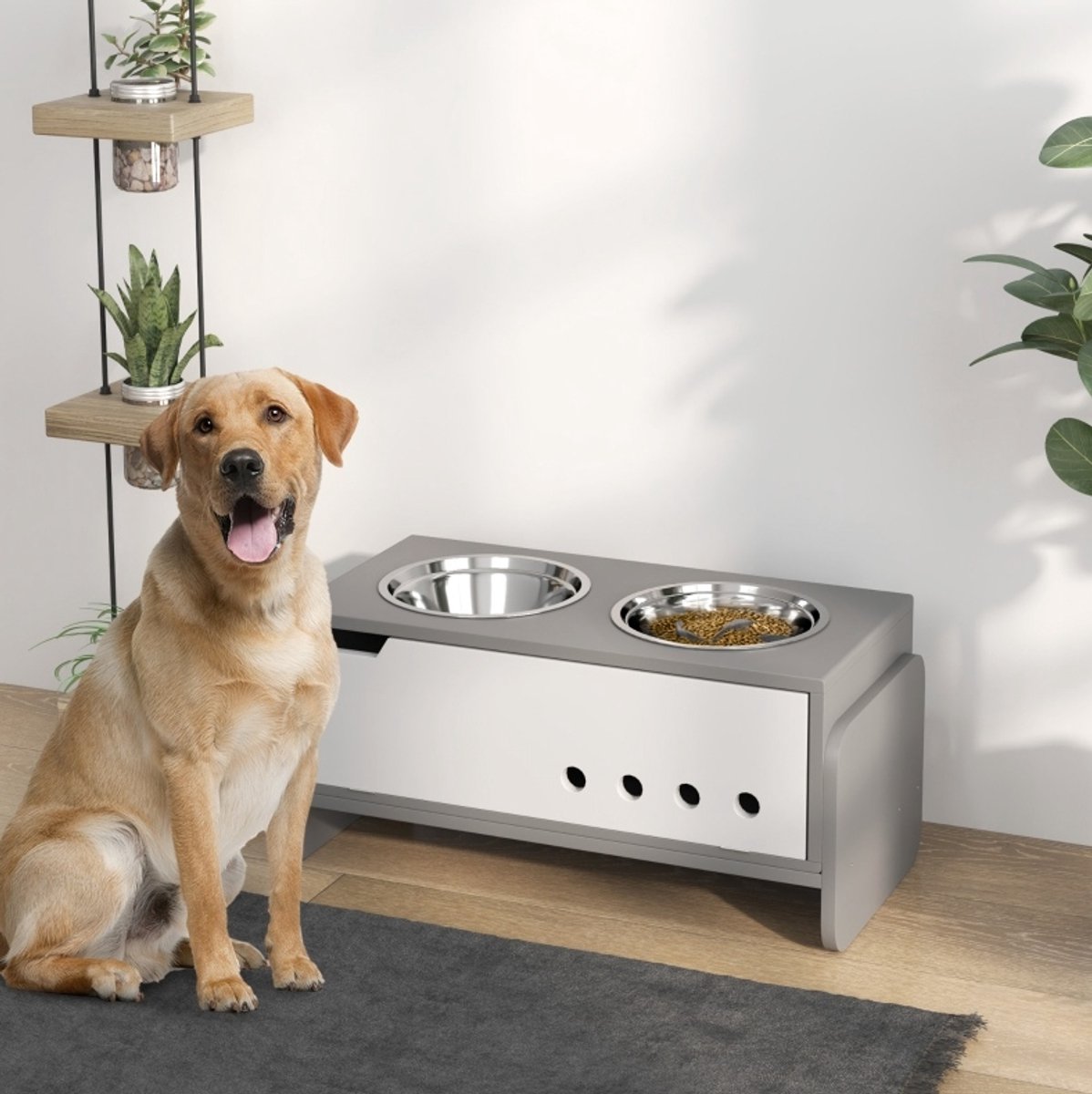 REDOM- Voerbak - Verhoogde dubbele voerbak - 3 hoogtes verstelbaar - Met opbergruimte en anti-schrokmat - Voor honden - Hout - Grijs - 62,5 x 30 x 36,5 cm