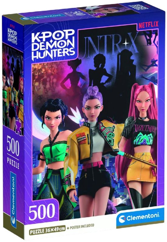 Puzzle K-Pop Demon Hunters représentant 3 personnages d'anime en tenues colorées, logo Netflix et marque Clementoni.