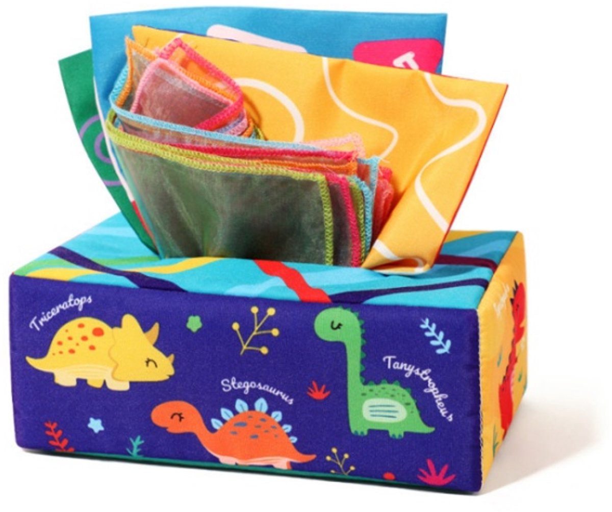 casalora Montessori Sensorische Tissue Box voor Baby's – Inclusief 10 Zijdeachtige doekjes en 3 Knisperpapier – Wasbaar en Herbruikbaar – Babyspeelgoed – Dinosaurus-thema