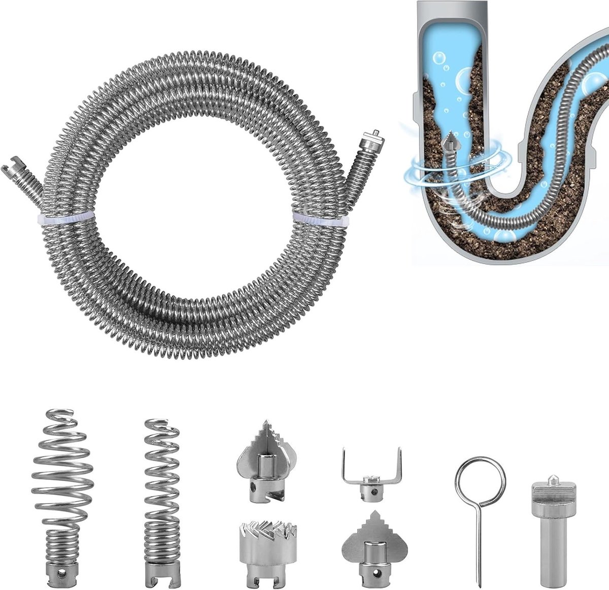 Afvoerreiniger Spiraal - Zilver - 5 m - Stalen Buisreinigingsas met Snijkoppen en Elektrische Adapter - Voor Huishoudelijk Gebruik