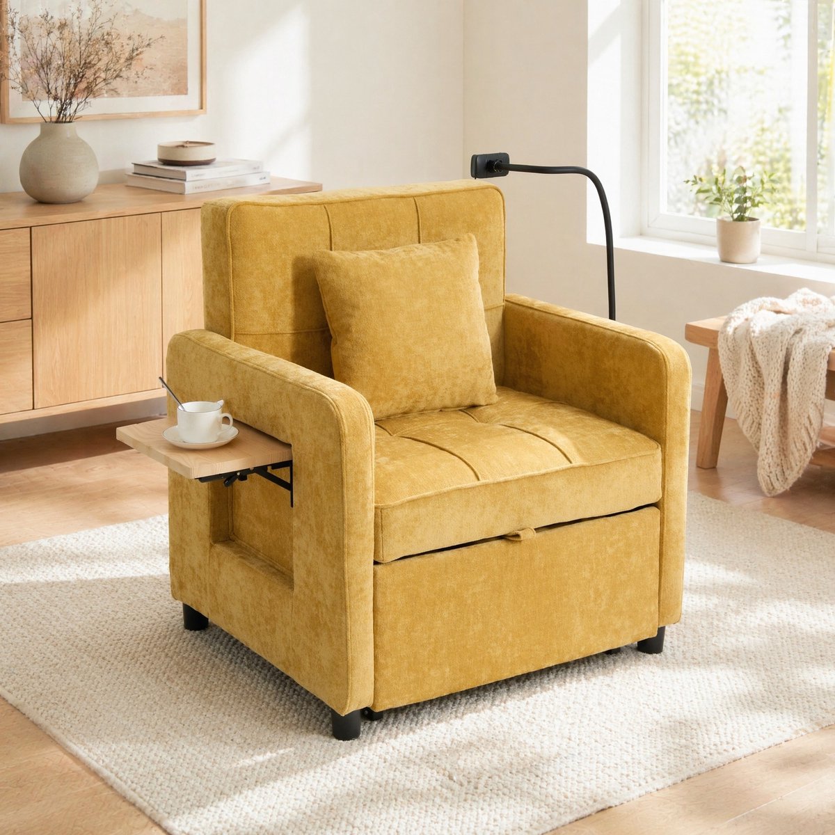 Wishdor Fauteuil - Verstelbare rugleuning - Handmatig slaapstoel met kussen en zijtafel - Scandinavisch basic - Woonkamer slaapkamer - Chenille - Mosterdgeel - 167 x 79 x 83 cm