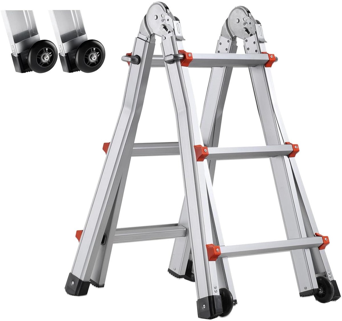 Telescopische ladder - Uittrekbare ladder A-frame - Kluswerkzaamheden uitvoeren - Veiligheidsvergrendeling per trede - 3 meter hoogte - Zilverkleurig