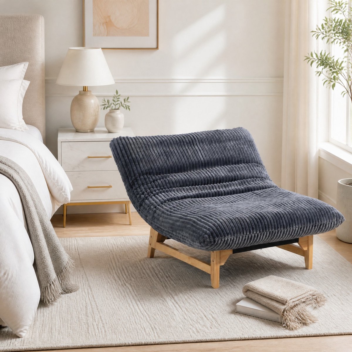 Wishdor Zitzak voor volwassenen met rugleuning - Ribstof loungestoel zonder armleuningen - Zacht schuim voor lezen en ontspannen - Indoor woonkamer slaapkamer - Grijs - 145 x 110 x 60 cm