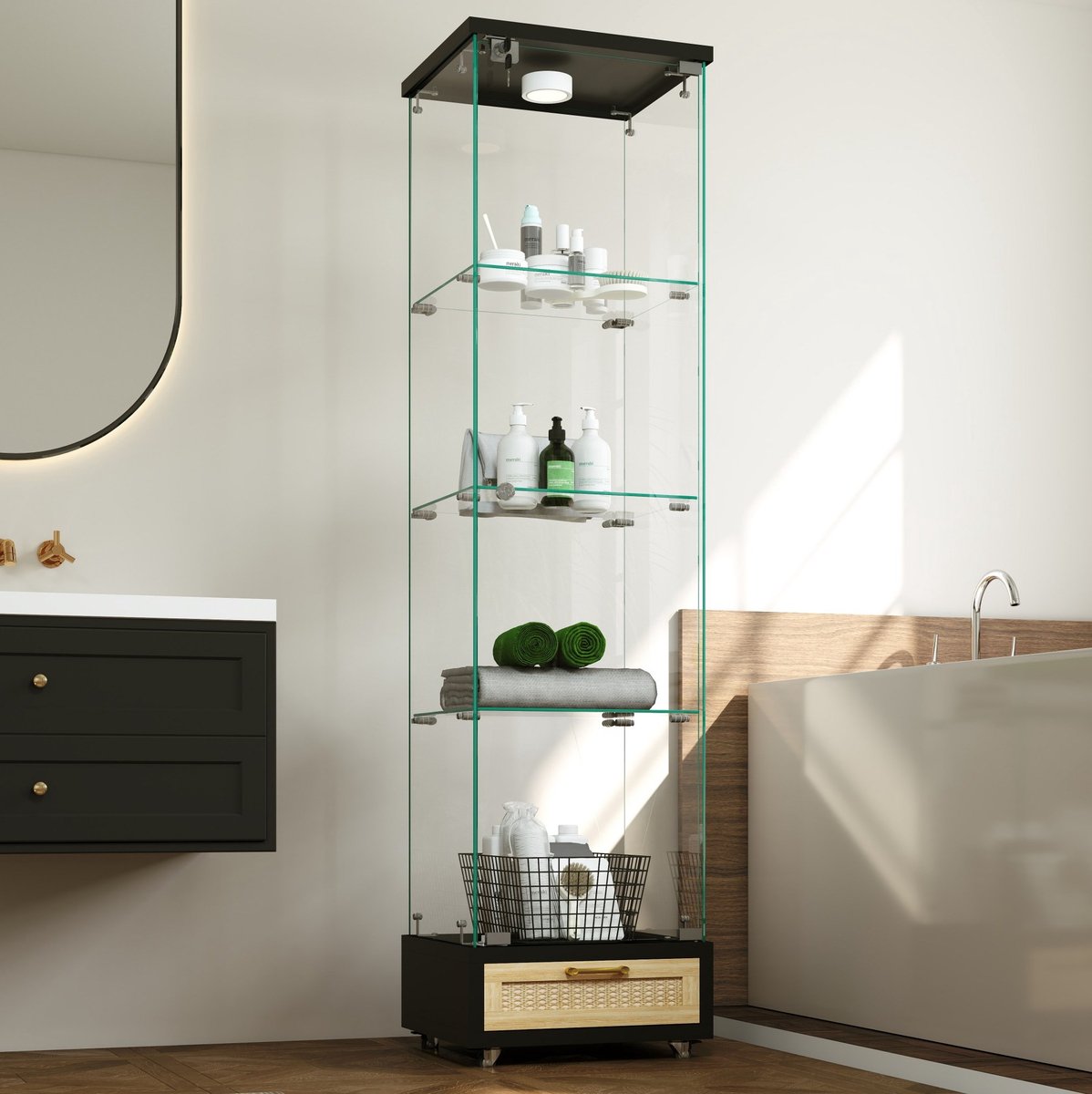 Wishdor vitrinekast met LED-verlichting en lade - Gehard glas en MDF - Met wielen en slot - Modern design - Woonkamer slaapkamer keuken - Zwart - 42,5 x 36,5 x 167,5 cm