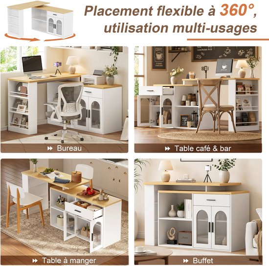 FloraGrace Keuken Eiland Met 360 Graden Draaibare Tafel En Opbergkast Met Lade En Planken Voor Keuken En Eetkamer Hout Wit 136x50x78 Cm — afbeelding 4