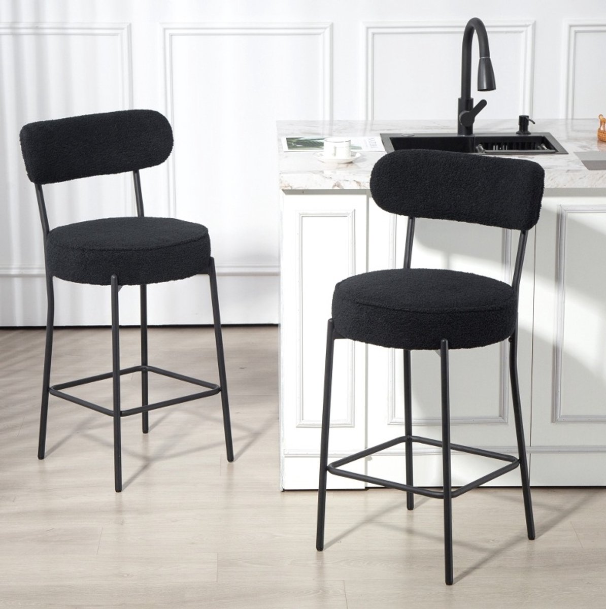 STILVORA Barkruk Set Van 2 - Met Rugleuning En Voetsteun - Voor Keuken En Bar - Stoffen Zitting - Zwart