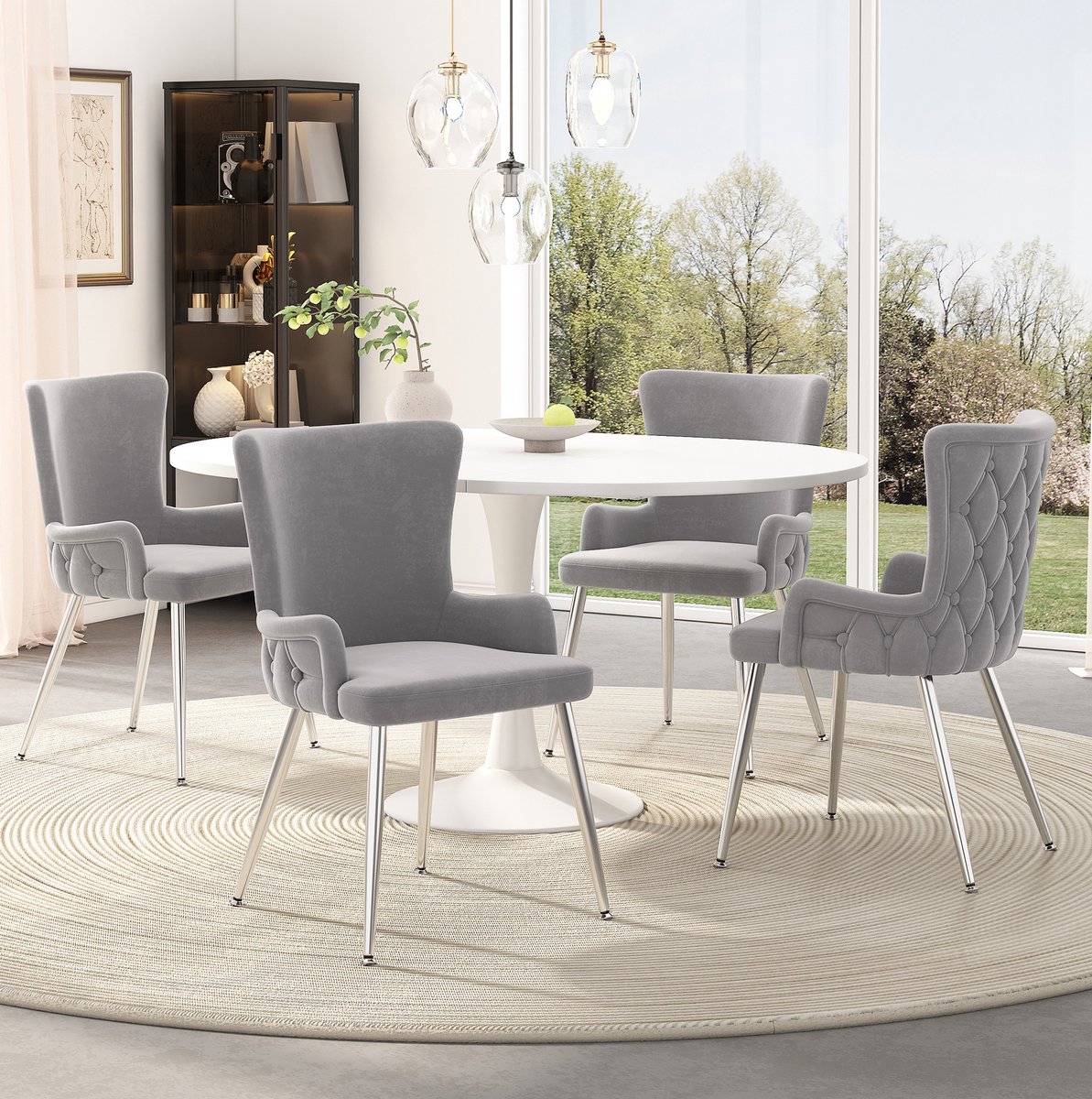 Eetkamerstoel Set van 4 Met Velvet Bekleding Met Armleuningen En Metalen Poten Voor Eetkamer Woonkamer En Slaapkamer Grijs Zilver