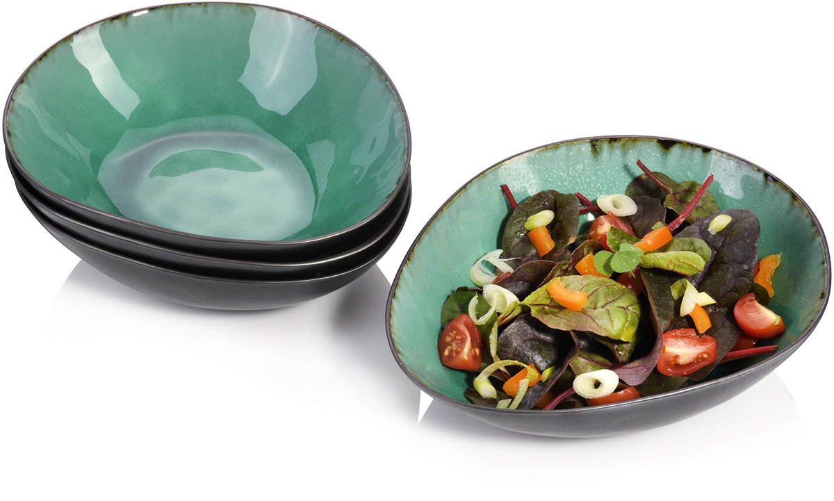 Famanu – Saladeschalen set van 4 stuks van porselein, inhoud per schaal 760 ml, vintage-look met craquelé effect, ideaal voor servies