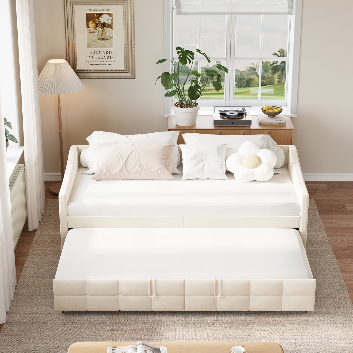 Slaapbank 90x200 cm, uitschuifbaar bed met opbergzak, 2-in-1 slaapbank voor woonkamer en thuiskantoor, ruimtebesparend, stof, crème, zonder matras