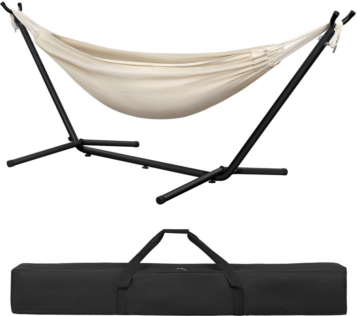 Famanu – Hangmat met frame, geschikt voor binnen en buiten, dubbel voor 2 personen, belastbaar tot 250 kg, met draagtas, beige, 280 x 106 x 100 cm