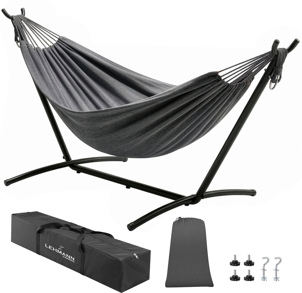 Famanu – Hangmat met frame voor 2 personen, dubbele hangmat tot 200 kg belastbaar, inclusief transporttas, ideaal voor camping, tuin en balkon