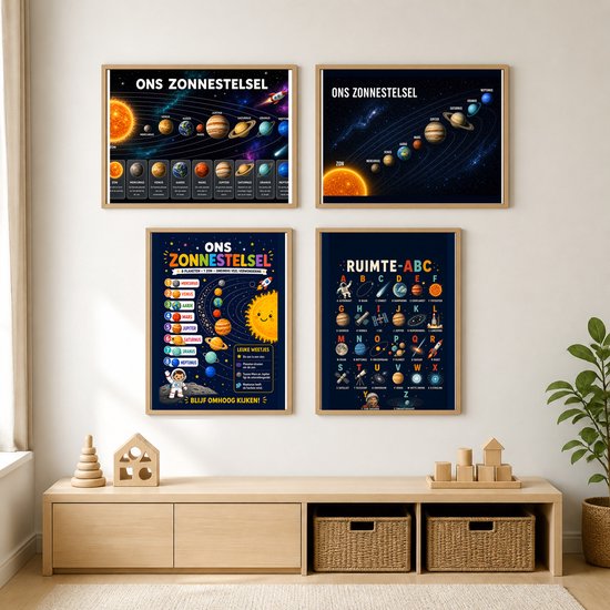 Vier posters aan een muur in een kinderkamer, waaronder een zonnestelsel en een ABC.